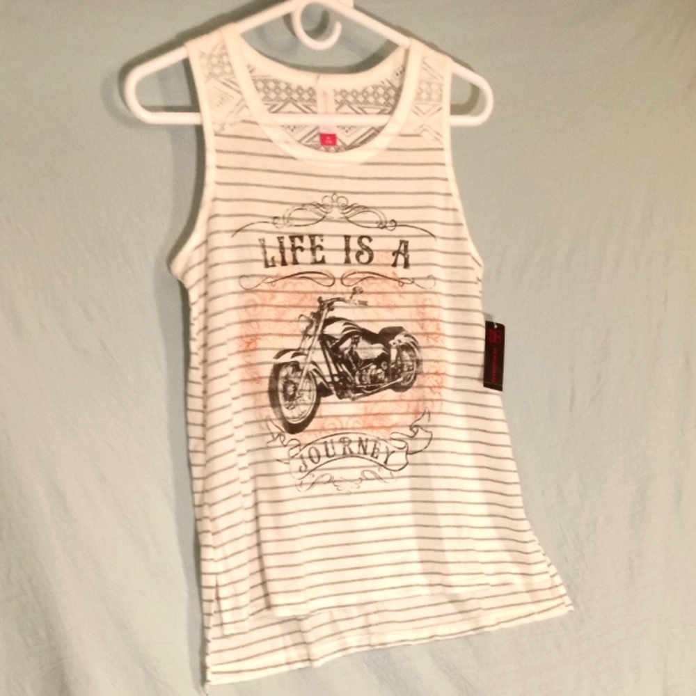 Striped White Tank Top with Motorcycle Print "Life's A Journey" Nwt